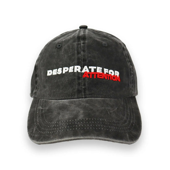 Desperate For Attention Embroidered Logo Cap - 100% organic cotton, unisex fit in washed black - Desperate For Attention Streetwear Brand