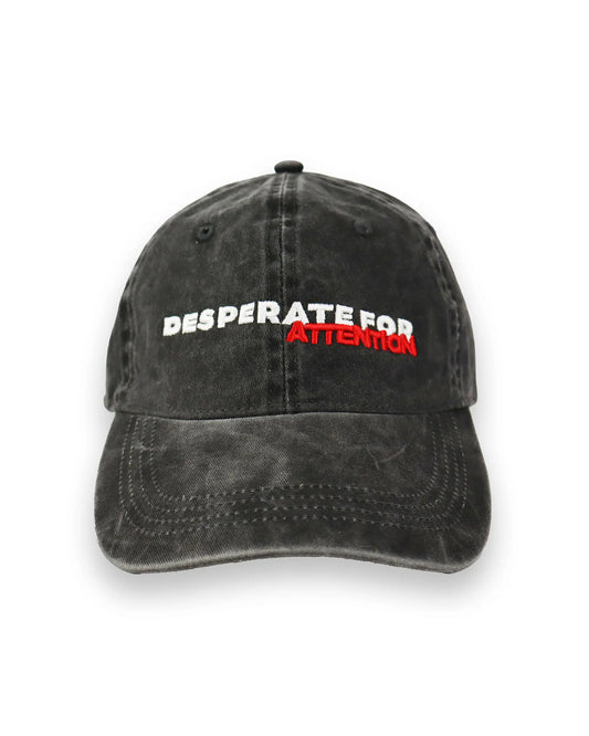 Desperate For Attention Embroidered Logo Cap - 100% organic cotton, unisex fit in washed black - Desperate For Attention Streetwear Brand