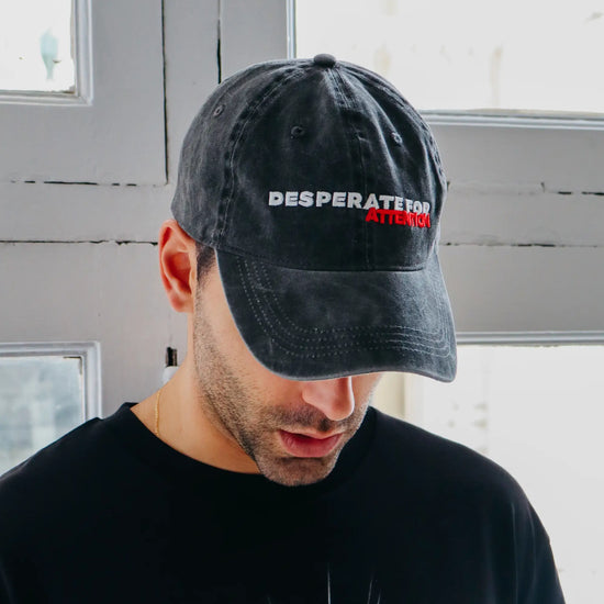 Desperate For Attention Embroidered Logo Cap - 100% organic cotton, unisex fit in washed black - Desperate For Attention Streetwear Brand