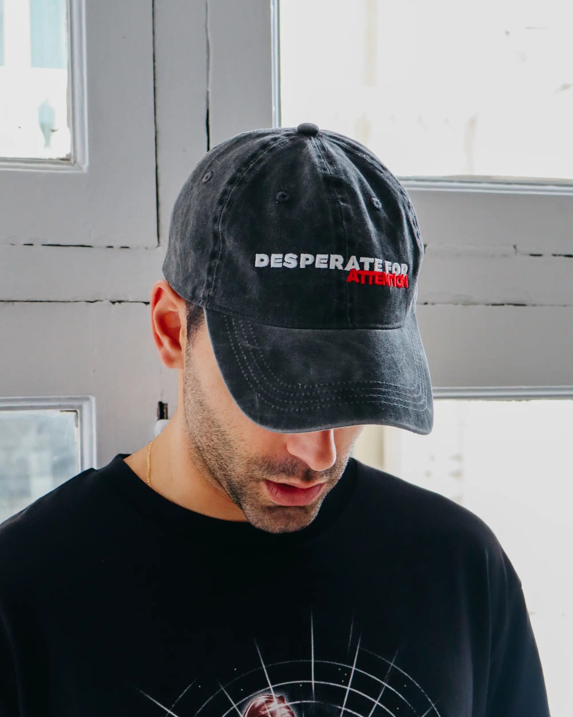 Desperate For Attention Embroidered Logo Cap - 100% organic cotton, unisex fit in washed black - Desperate For Attention Streetwear Brand