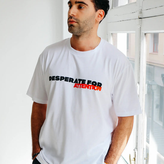 Desperate For Attention Logo T-Shirt - 100% organic cotton, unisex, relaxed fit in white - Desperate For Attention Streetwear Brand