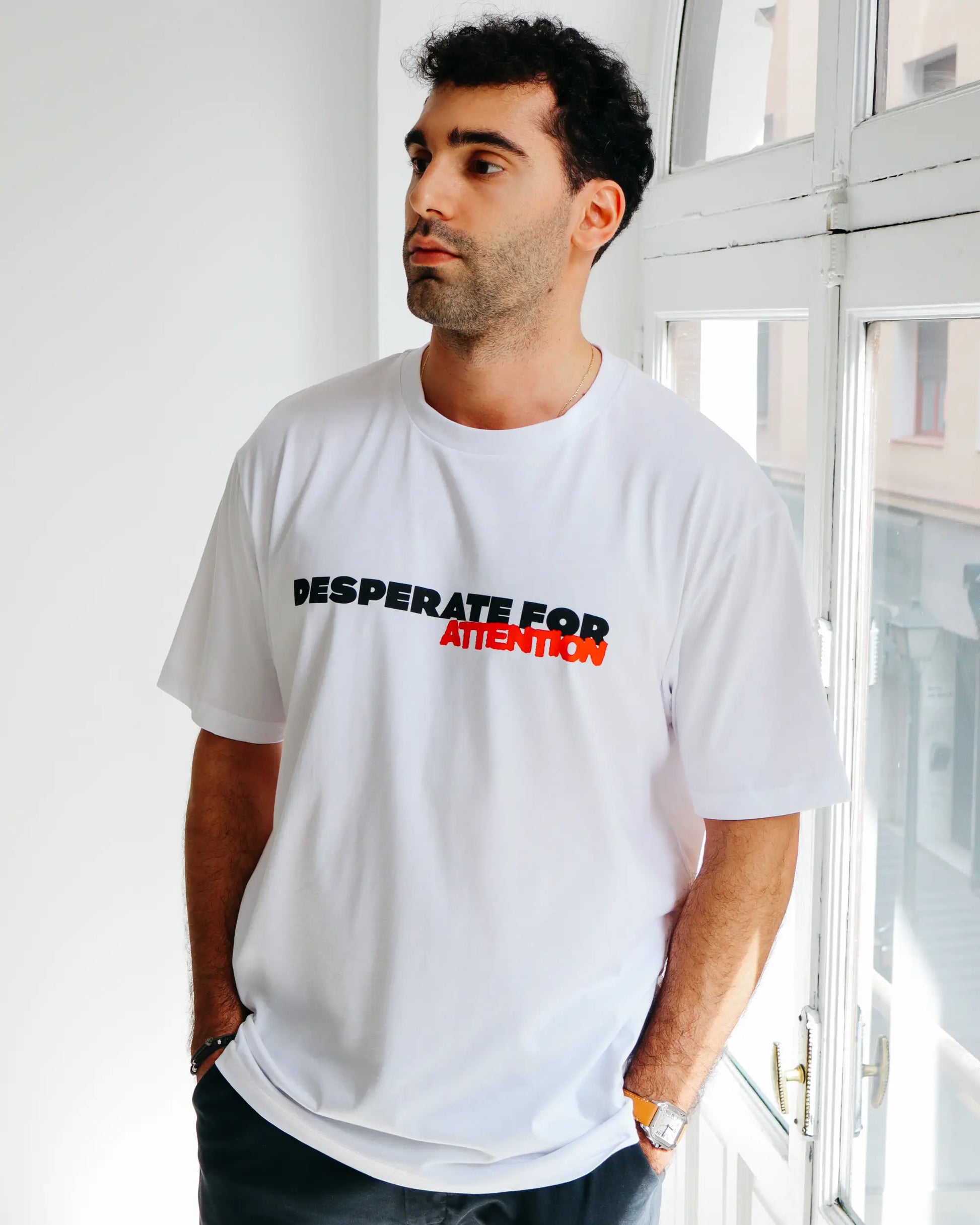 Desperate For Attention Logo T-Shirt - 100% organic cotton, unisex, relaxed fit in white - Desperate For Attention Streetwear Brand