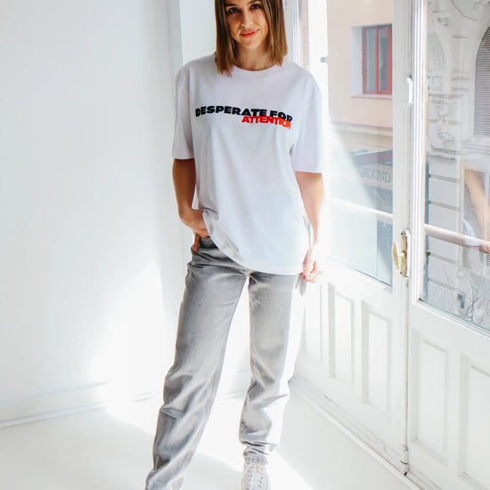 Desperate For Attention Logo T-Shirt - 100% organic cotton, unisex, relaxed fit in white - Desperate For Attention Streetwear Brand