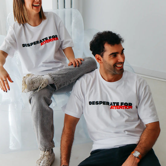 Desperate For Attention Logo T-Shirt - 100% organic cotton, unisex, relaxed fit in white - Desperate For Attention Streetwear Brand