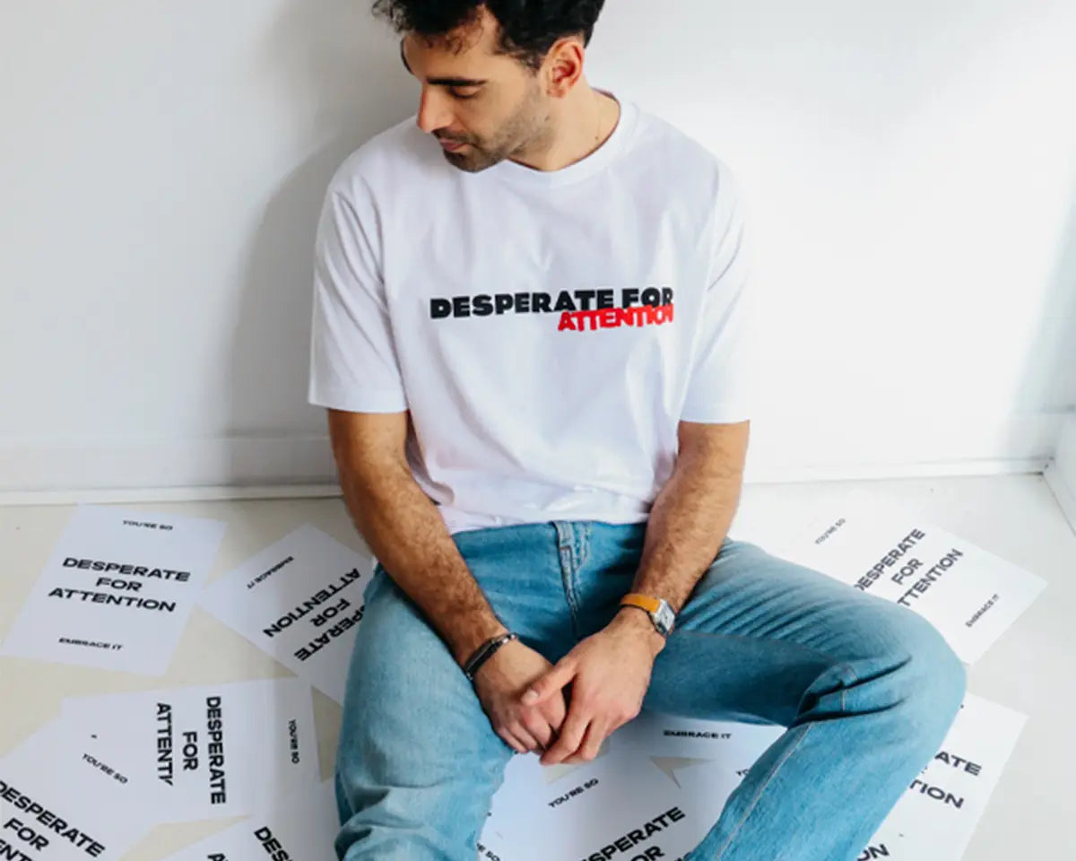 Desperate For Attention Logo T-Shirt - 100% organic cotton, unisex, relaxed fit in white - Desperate For Attention Streetwear Brand